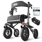 VOCIC Rollator Faltbar und Leicht mit Sitz,Outdoor Rollator mit Gummi-Nonluftbereifung für Allen Gelände,Aluminium Höhenverstellbare Rollatoren für Draußen&Langlauf&Reisen,Grau(5 Jahre Support)